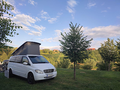 Camper med vinogradi ob sončnem zahodu