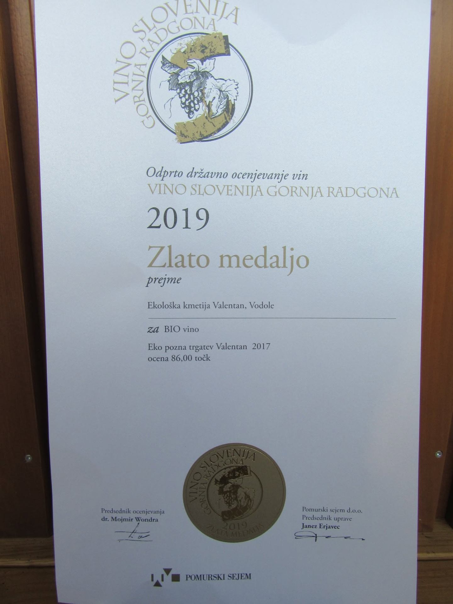 Zlata medalja Vino Slovenija Gornja Radgona 2019
